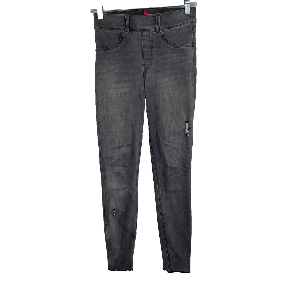 Spanx Distressed Skinny Jeans Womens Small High Rise Stretch Gray Denim Raw Hem
